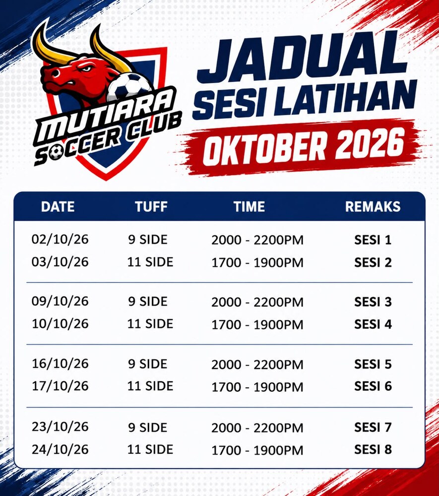 Mutiara Soccer Club October 2026 training schedule